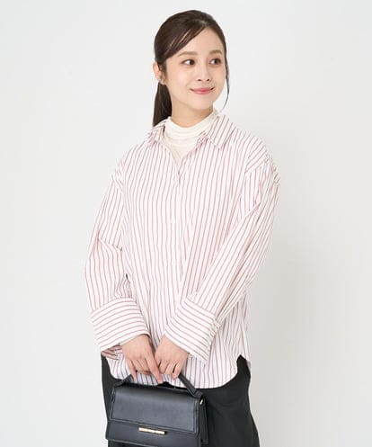 F1BAA33130  【小さいサイズ】ストライプ柄オーバーシルエットシャツブラウス/洗える