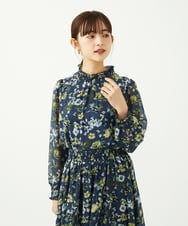 F1BAD01140 MK MICHEL KLEIN(小さいサイズ)(メゾン ドゥ サンク) 【小さいサイズ】クラシックフラワープリント シフォンブラウス/洗濯機で洗える ブルーグリーン