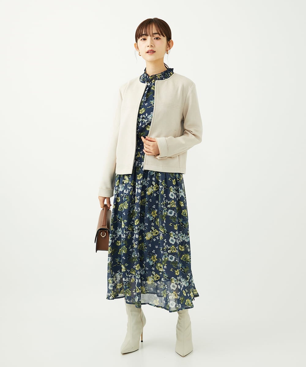 F1BAD01140 MK MICHEL KLEIN(小さいサイズ)(メゾン ドゥ サンク) 【小さいサイズ】クラシックフラワープリント シフォンブラウス/洗濯機で洗える ネイビー