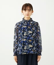 F1BAD01140 MK MICHEL KLEIN(小さいサイズ)(メゾン ドゥ サンク) 【小さいサイズ】クラシックフラワープリント シフォンブラウス/洗濯機で洗える ネイビー