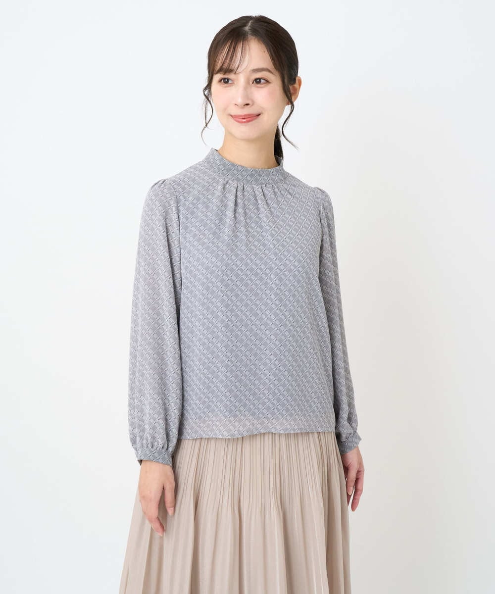 F1BAD04140 MK MICHEL KLEIN(小さいサイズ)(メゾン ドゥ サンク) 【小さいサイズ】チェック柄ボウタイシフォンブラウス/洗濯機で洗える グレー