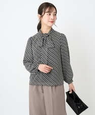 F1BAD04140 MK MICHEL KLEIN(小さいサイズ)(メゾン ドゥ サンク) 【小さいサイズ】チェック柄ボウタイシフォンブラウス/洗濯機で洗える グレー