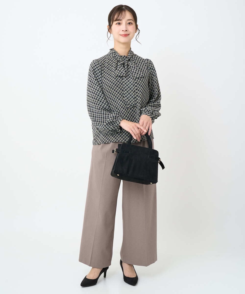 F1BAD04140 MK MICHEL KLEIN(小さいサイズ)(メゾン ドゥ サンク) 【小さいサイズ】チェック柄ボウタイシフォンブラウス/洗濯機で洗える グレー