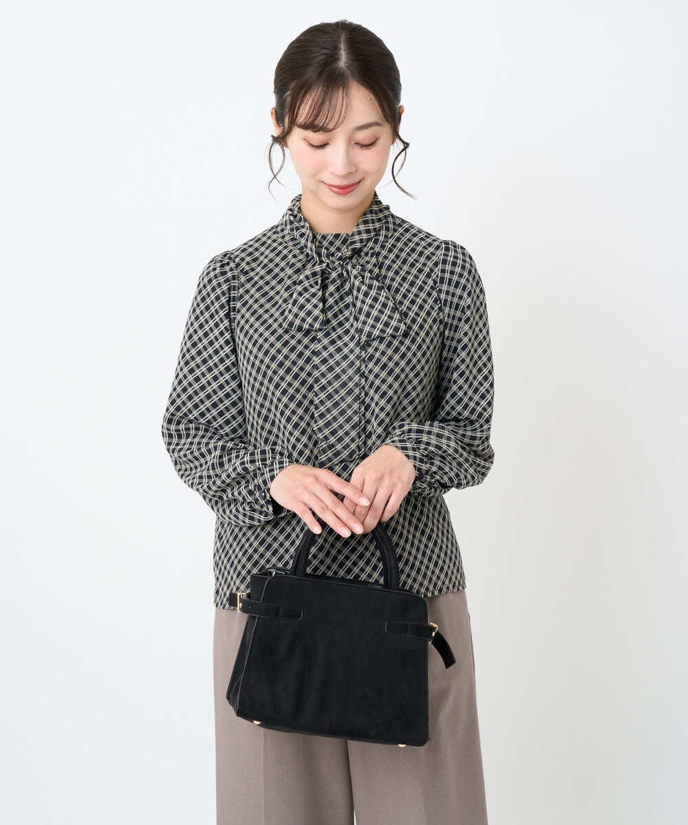 F1BAD04140 MK MICHEL KLEIN(小さいサイズ)(メゾン ドゥ サンク) 【小さいサイズ】チェック柄ボウタイシフォンブラウス/洗濯機で洗える グレー