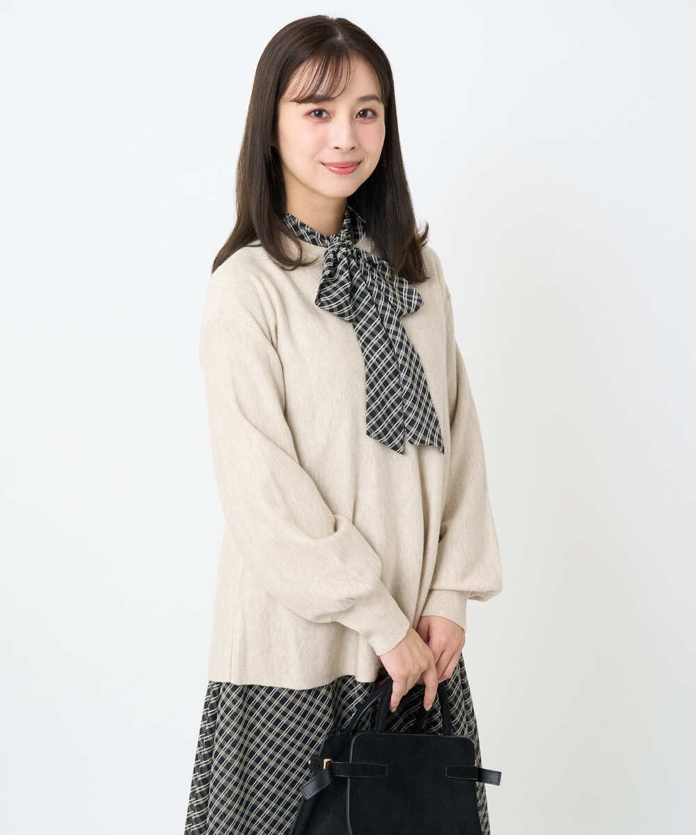 F1BAD04140 MK MICHEL KLEIN(小さいサイズ)(メゾン ドゥ サンク) 【小さいサイズ】チェック柄ボウタイシフォンブラウス/洗濯機で洗える グレー