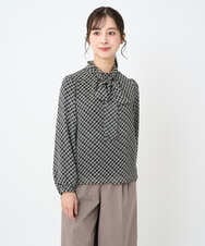 F1BAD04140 MK MICHEL KLEIN(小さいサイズ)(メゾン ドゥ サンク) 【小さいサイズ】チェック柄ボウタイシフォンブラウス/洗濯機で洗える ブラック