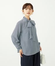 F1BAD35140 MK MICHEL KLEIN(小さいサイズ)(メゾン ドゥ サンク) 【小さいサイズ】ボウタイ付き千鳥柄プリントブラウス/洗濯機で洗える ネイビー