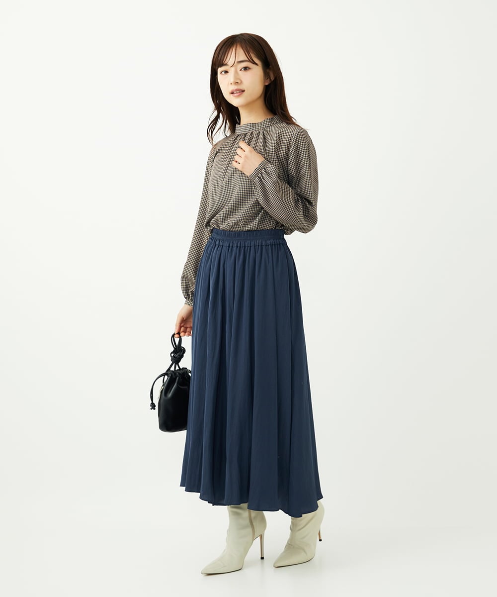 F1BAD35140 MK MICHEL KLEIN(小さいサイズ)(メゾン ドゥ サンク) 【小さいサイズ】ボウタイ付き千鳥柄プリントブラウス/洗濯機で洗える ネイビー