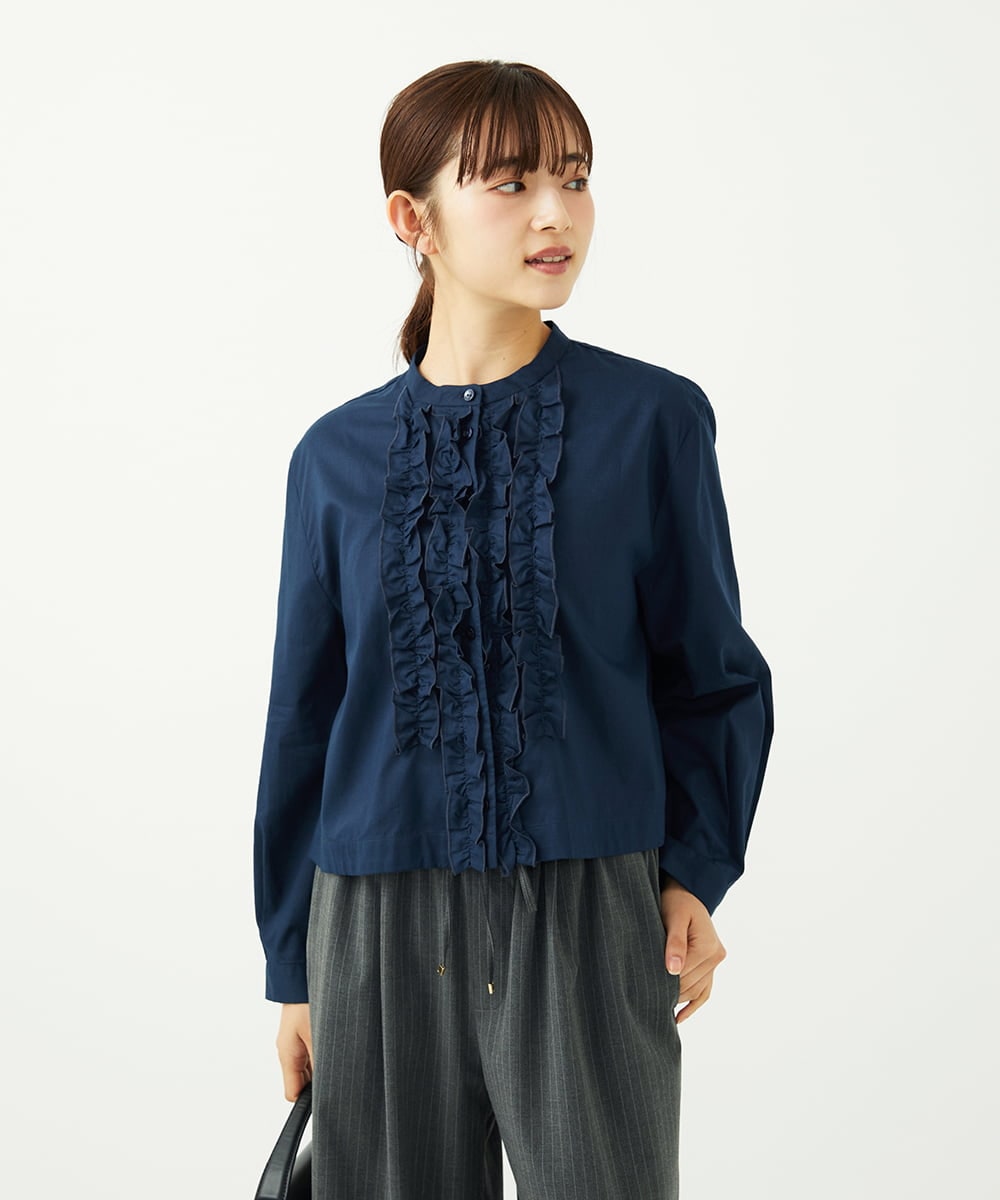F1BAD37150 MK MICHEL KLEIN(小さいサイズ)(メゾン ドゥ サンク) 【小さいサイズ】フロントフリルデザインブラウス/洗える ミントブルー