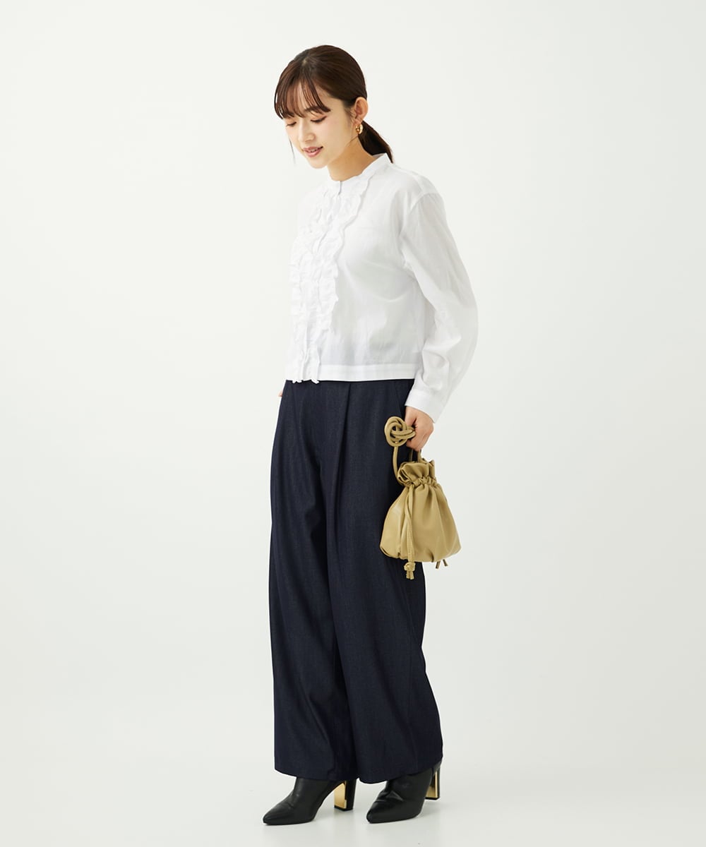 F1BAD37150 MK MICHEL KLEIN(小さいサイズ)(メゾン ドゥ サンク) 【小さいサイズ】フロントフリルデザインブラウス/洗える ミントブルー