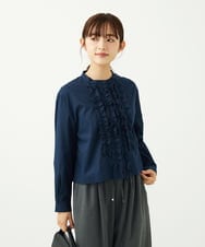 F1BAD37150 MK MICHEL KLEIN(小さいサイズ)(メゾン ドゥ サンク) 【小さいサイズ】フロントフリルデザインブラウス/洗える ブルーネイビー