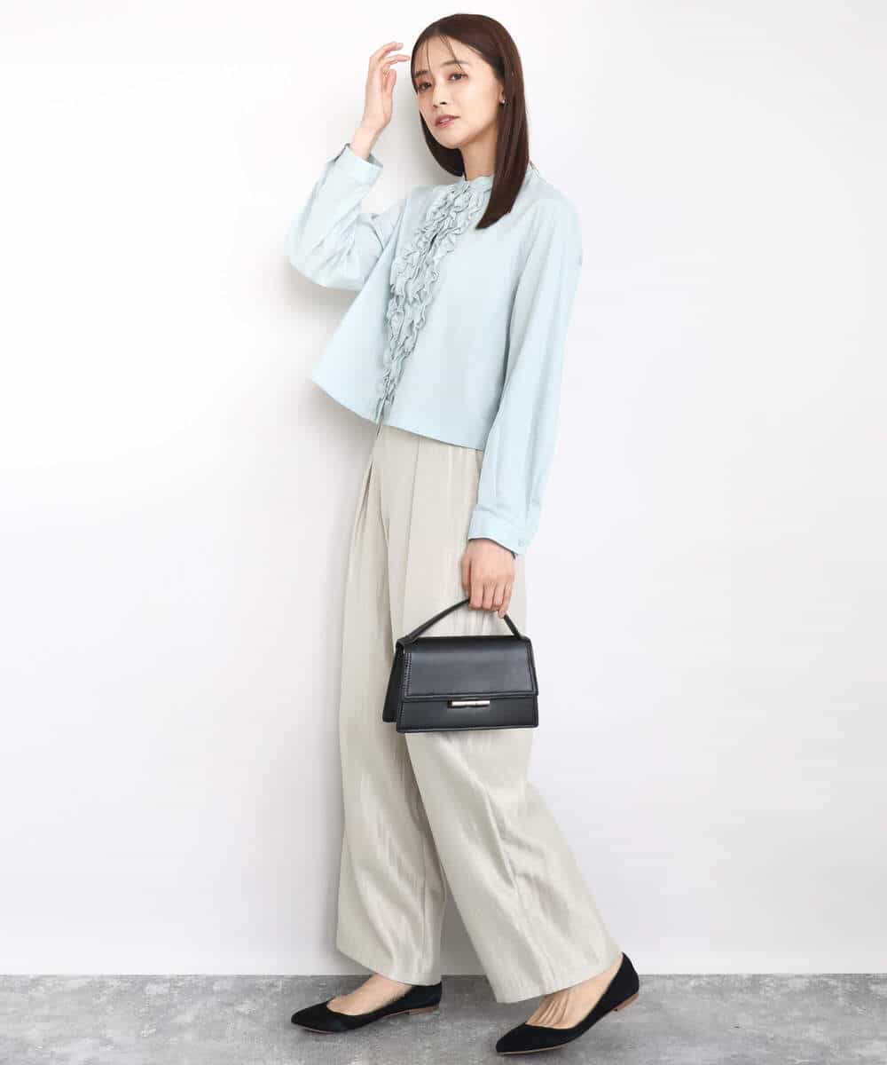 F1BAD37150 MK MICHEL KLEIN(小さいサイズ)(メゾン ドゥ サンク) 【小さいサイズ】フロントフリルデザインブラウス/洗える ミントブルー