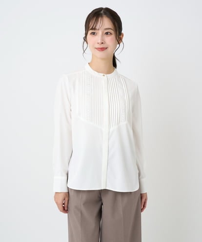 F1BAD40150 MK MICHEL KLEIN(小さいサイズ) 【小さいサイズ】フロントピンタックレースブラウス/洗濯機で洗える