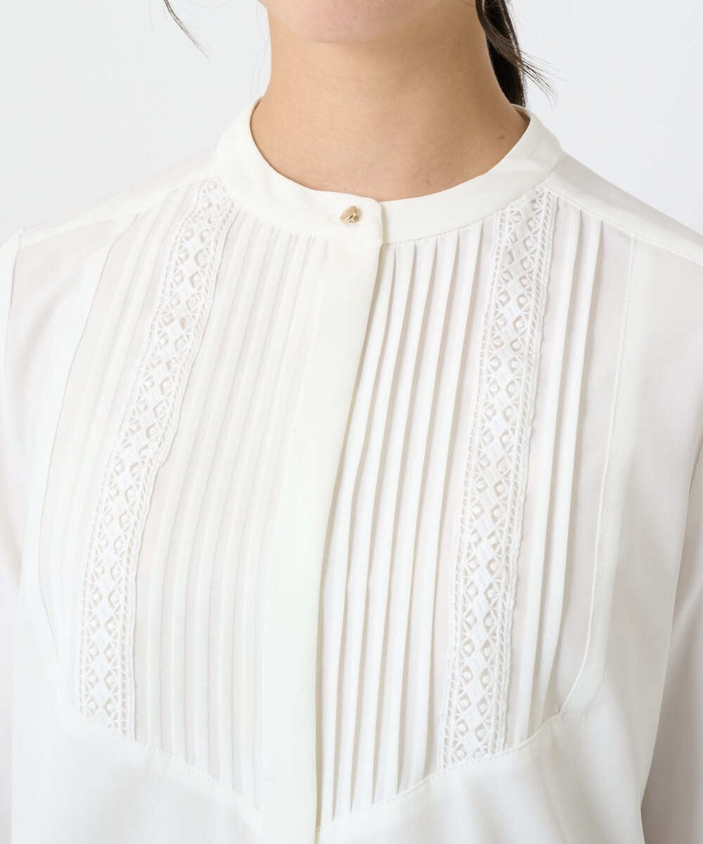 F1BAD40150 MK MICHEL KLEIN(小さいサイズ)(メゾン ドゥ サンク) 【小さいサイズ】フロントピンタックレースブラウス/洗濯機で洗える ホワイト