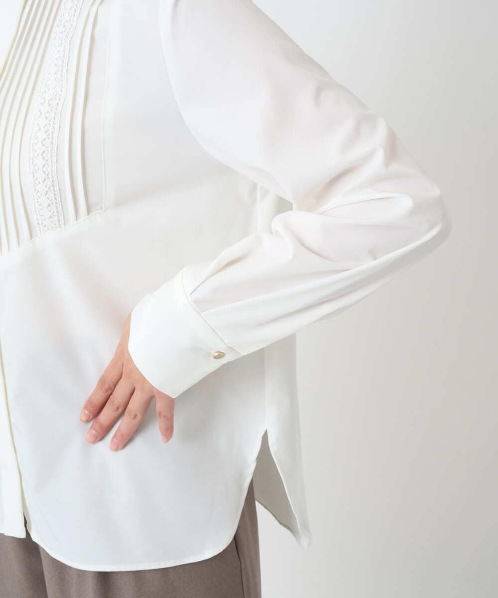 F1BAD40150 MK MICHEL KLEIN(小さいサイズ)(メゾン ドゥ サンク) 【小さいサイズ】フロントピンタックレースブラウス/洗濯機で洗える ホワイト