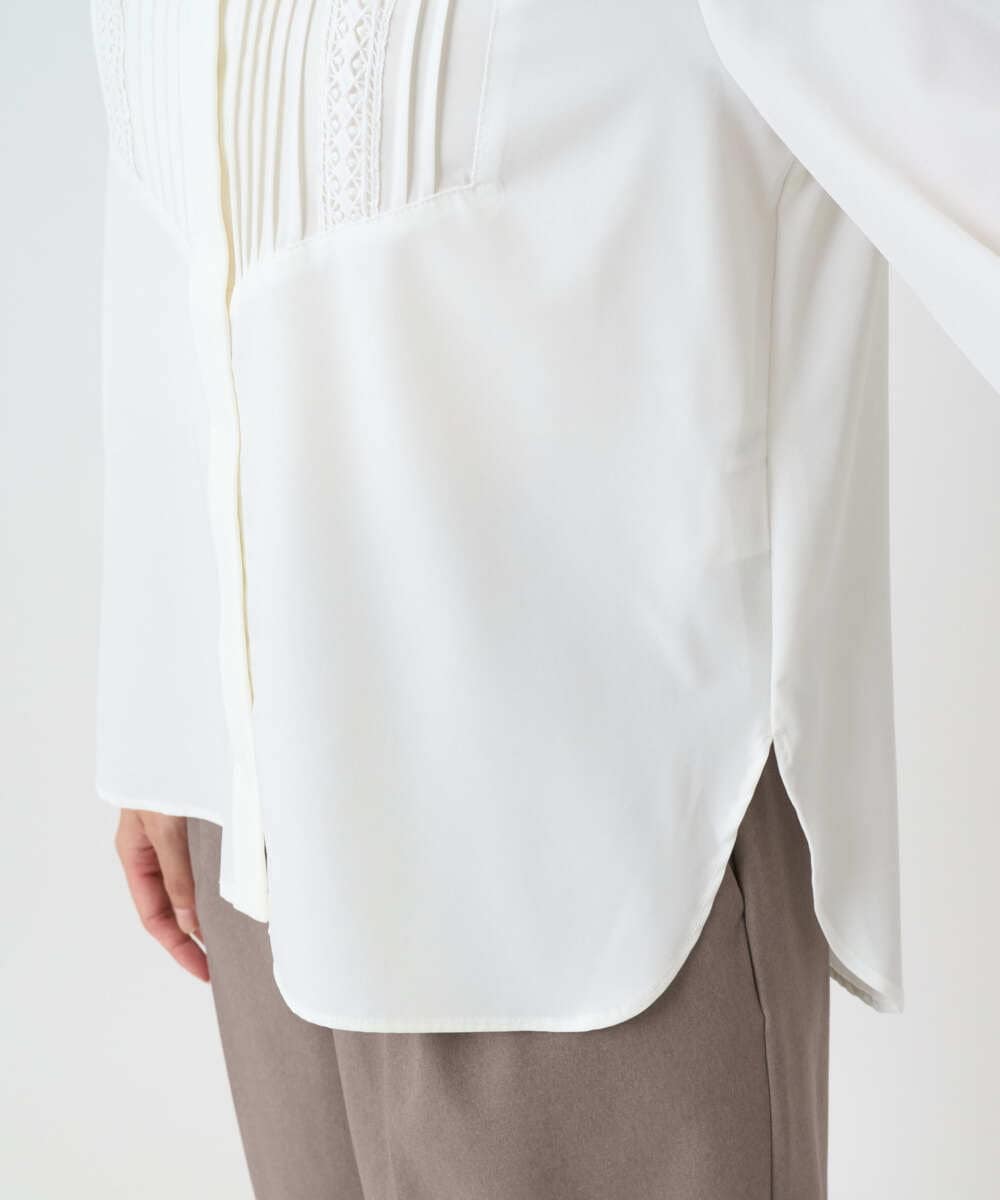 F1BAD40150 MK MICHEL KLEIN(小さいサイズ)(メゾン ドゥ サンク) 【小さいサイズ】フロントピンタックレースブラウス/洗濯機で洗える ホワイト