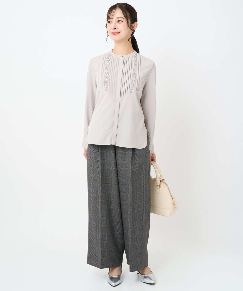 F1BAD40150 MK MICHEL KLEIN(小さいサイズ)(メゾン ドゥ サンク) 【小さいサイズ】フロントピンタックレースブラウス/洗濯機で洗える ホワイト