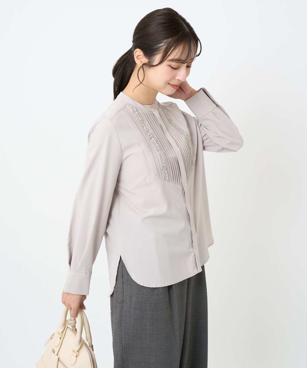 F1BAD40150 MK MICHEL KLEIN(小さいサイズ)(メゾン ドゥ サンク) 【小さいサイズ】フロントピンタックレースブラウス/洗濯機で洗える ホワイト