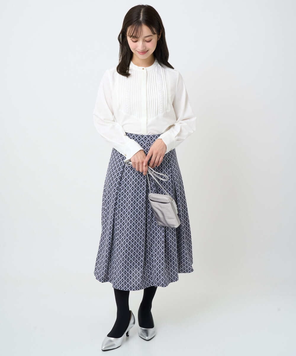 F1BAD40150 MK MICHEL KLEIN(小さいサイズ)(メゾン ドゥ サンク) 【小さいサイズ】フロントピンタックレースブラウス/洗濯機で洗える ホワイト