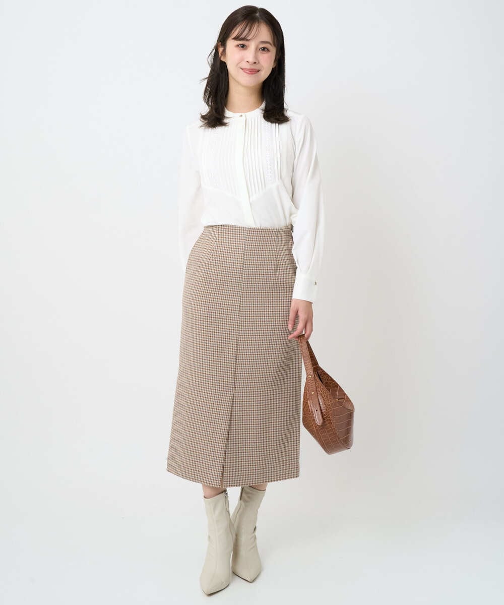 F1BAD40150 MK MICHEL KLEIN(小さいサイズ)(メゾン ドゥ サンク) 【小さいサイズ】フロントピンタックレースブラウス/洗濯機で洗える ホワイト