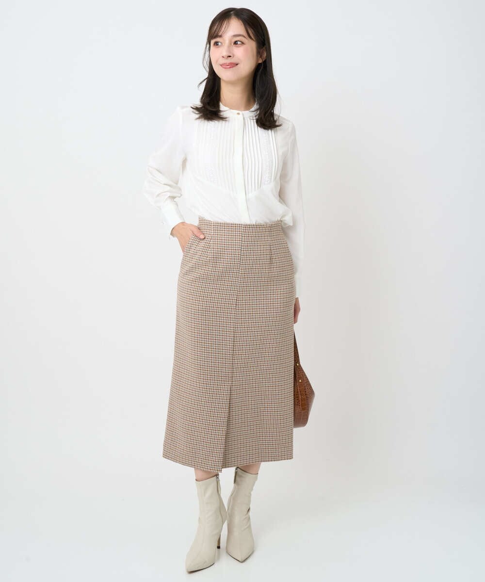 F1BAD40150 MK MICHEL KLEIN(小さいサイズ)(メゾン ドゥ サンク) 【小さいサイズ】フロントピンタックレースブラウス/洗濯機で洗える ホワイト