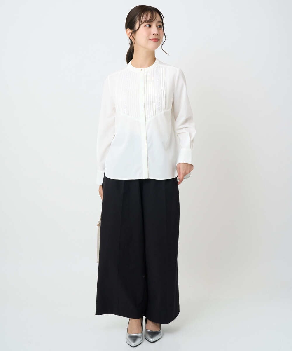 F1BAD40150 MK MICHEL KLEIN(小さいサイズ)(メゾン ドゥ サンク) 【小さいサイズ】フロントピンタックレースブラウス/洗濯機で洗える ホワイト