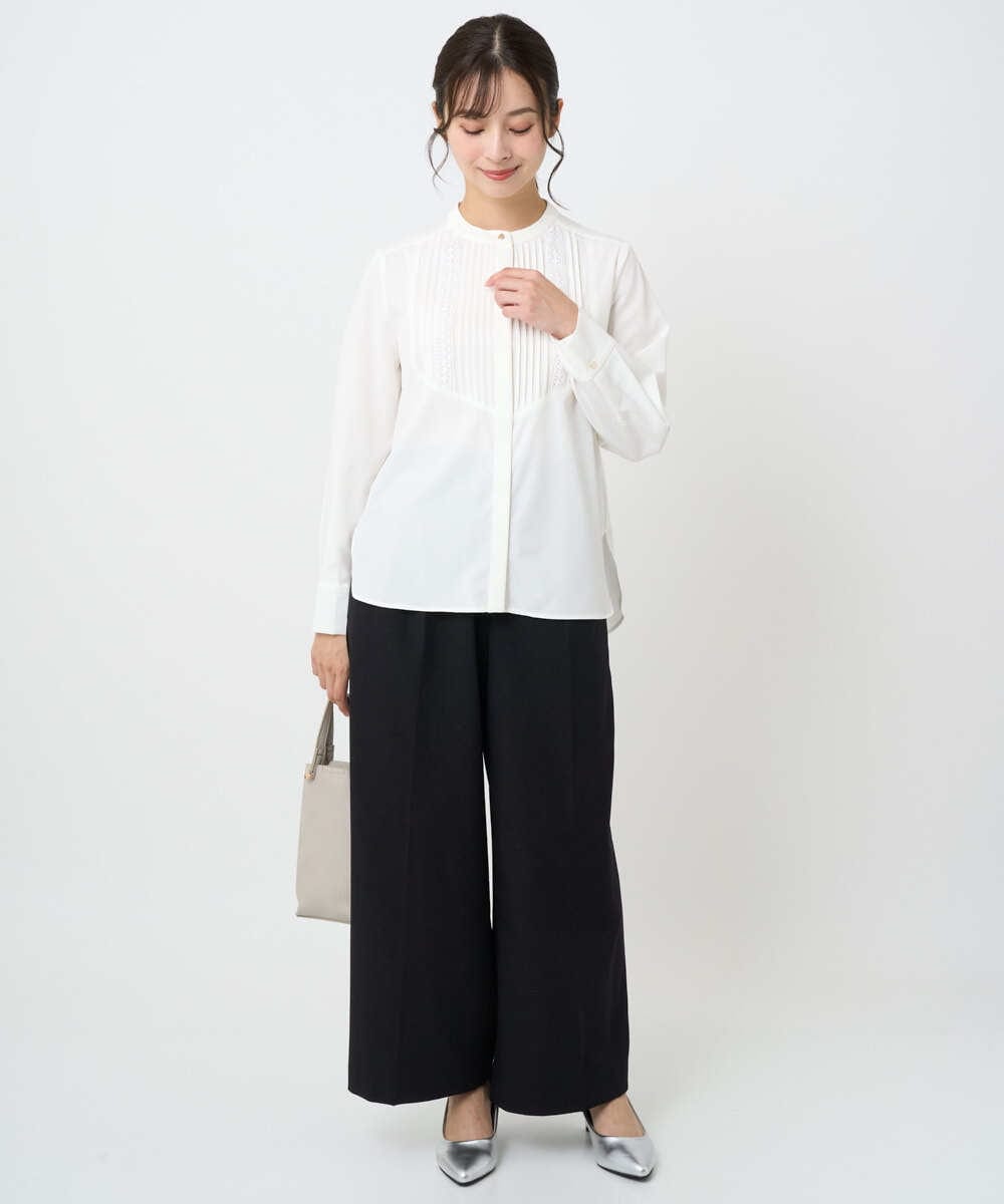 F1BAD40150 MK MICHEL KLEIN(小さいサイズ)(メゾン ドゥ サンク) 【小さいサイズ】フロントピンタックレースブラウス/洗濯機で洗える ホワイト