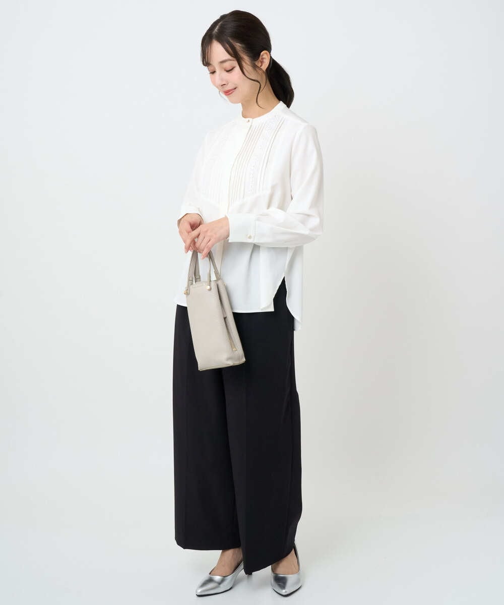 F1BAD40150 MK MICHEL KLEIN(小さいサイズ)(メゾン ドゥ サンク) 【小さいサイズ】フロントピンタックレースブラウス/洗濯機で洗える ホワイト