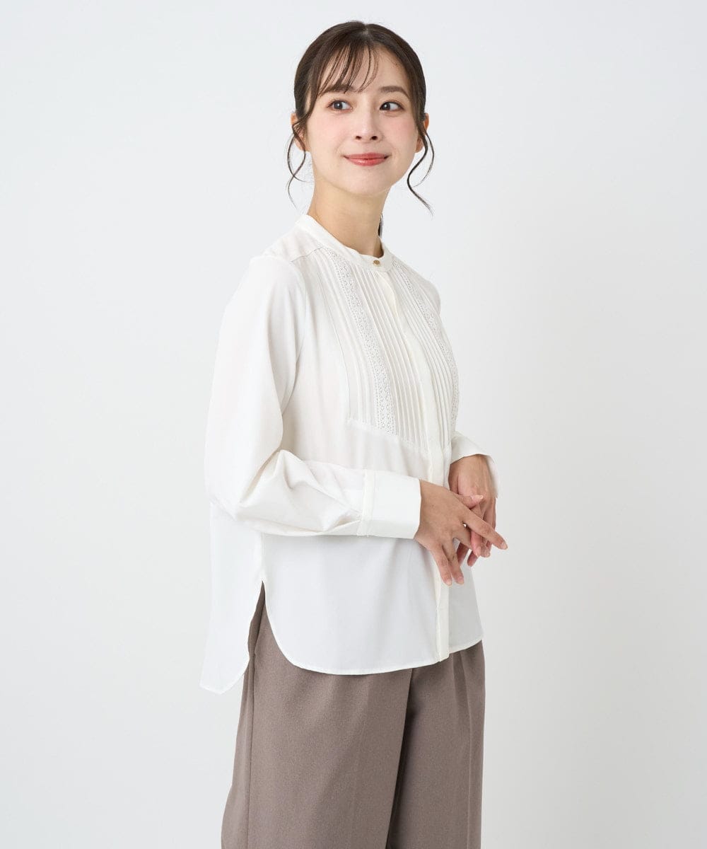 F1BAD40150 MK MICHEL KLEIN(小さいサイズ)(メゾン ドゥ サンク) 【小さいサイズ】フロントピンタックレースブラウス/洗濯機で洗える ホワイト