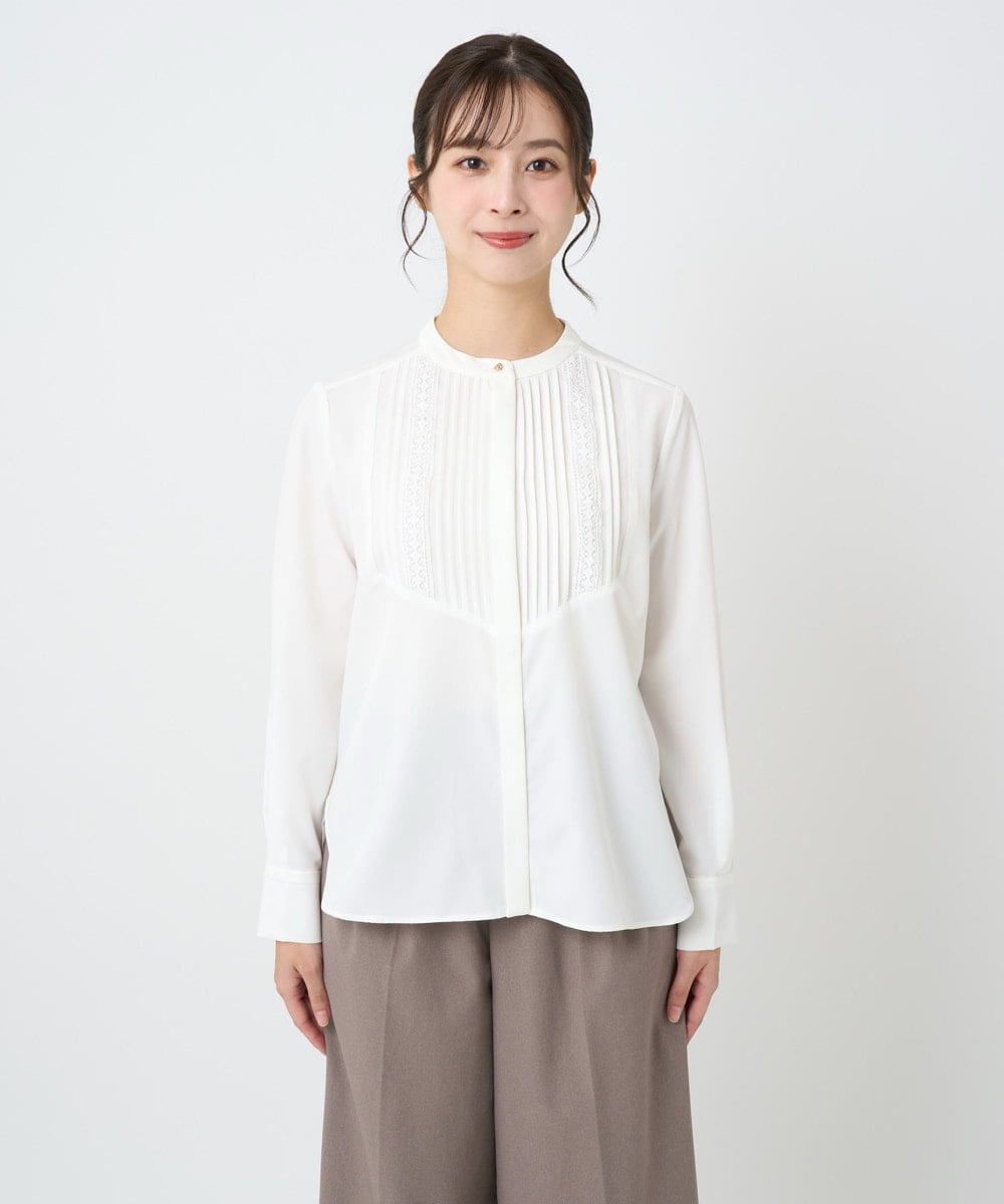 F1BAD40150 MK MICHEL KLEIN(小さいサイズ)(メゾン ドゥ サンク) 【小さいサイズ】フロントピンタックレースブラウス/洗濯機で洗える ホワイト