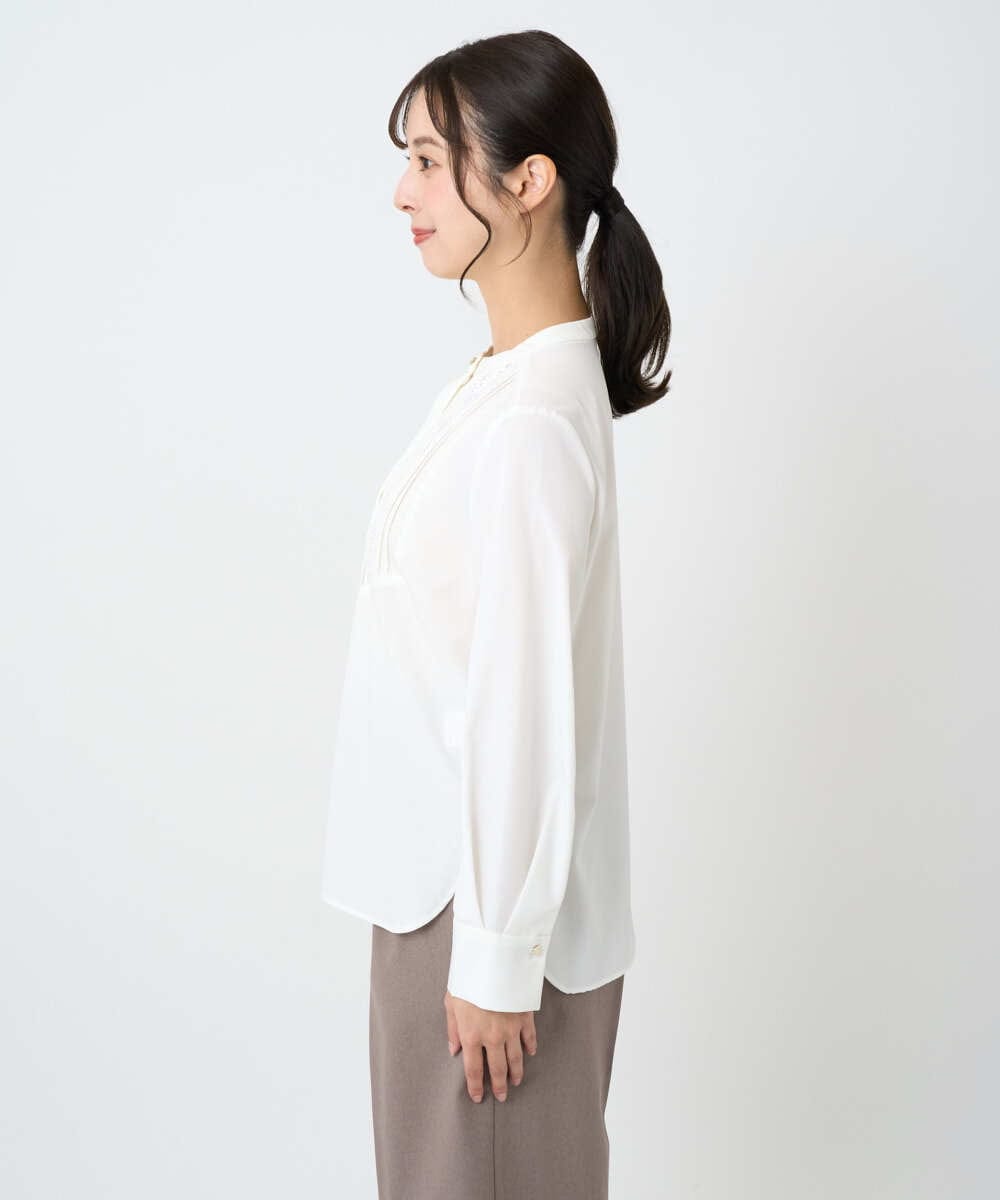 F1BAD40150 MK MICHEL KLEIN(小さいサイズ)(メゾン ドゥ サンク) 【小さいサイズ】フロントピンタックレースブラウス/洗濯機で洗える ホワイト