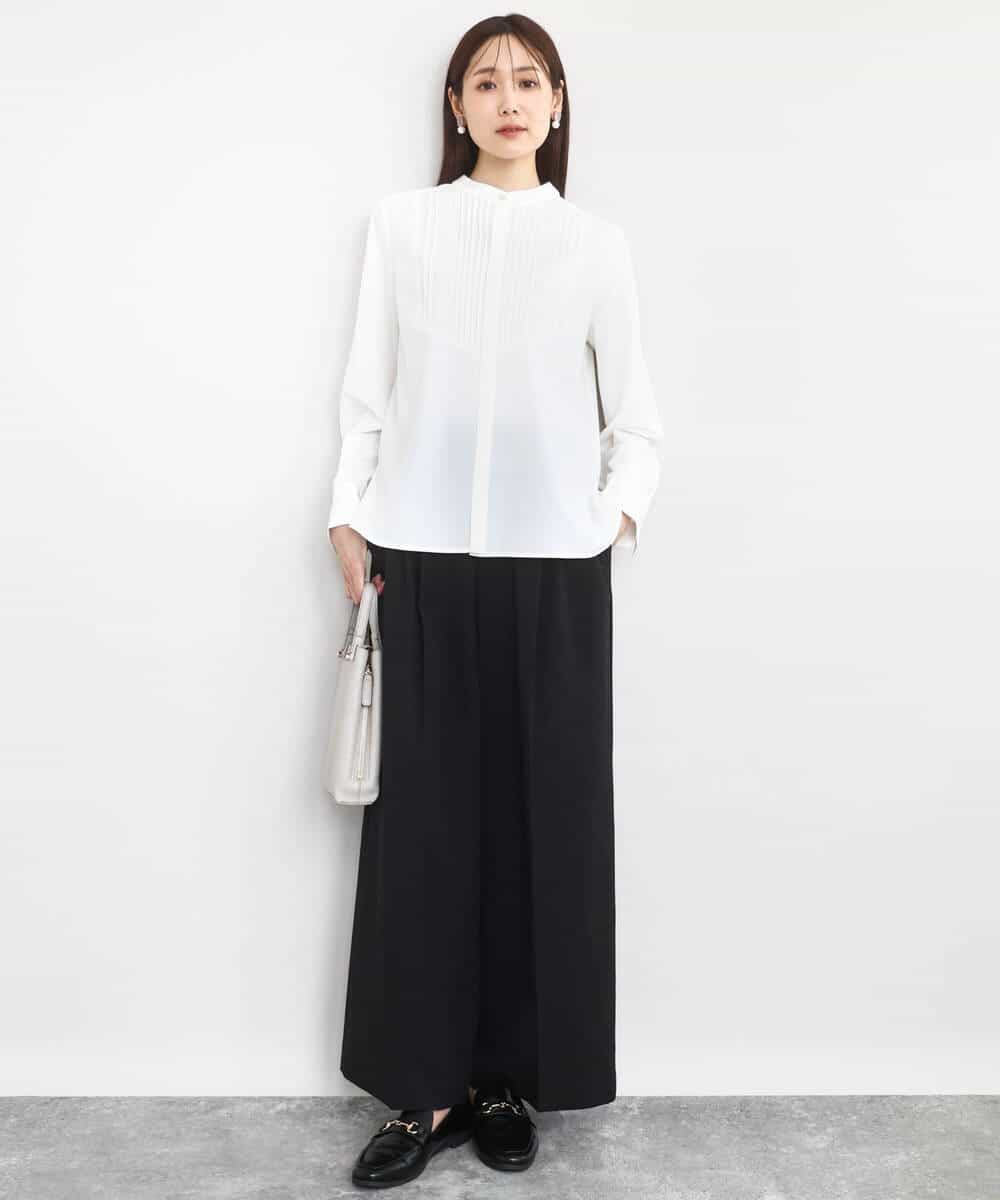 F1BAD40150 MK MICHEL KLEIN(小さいサイズ)(メゾン ドゥ サンク) 【小さいサイズ】フロントピンタックレースブラウス/洗濯機で洗える ライトグレー