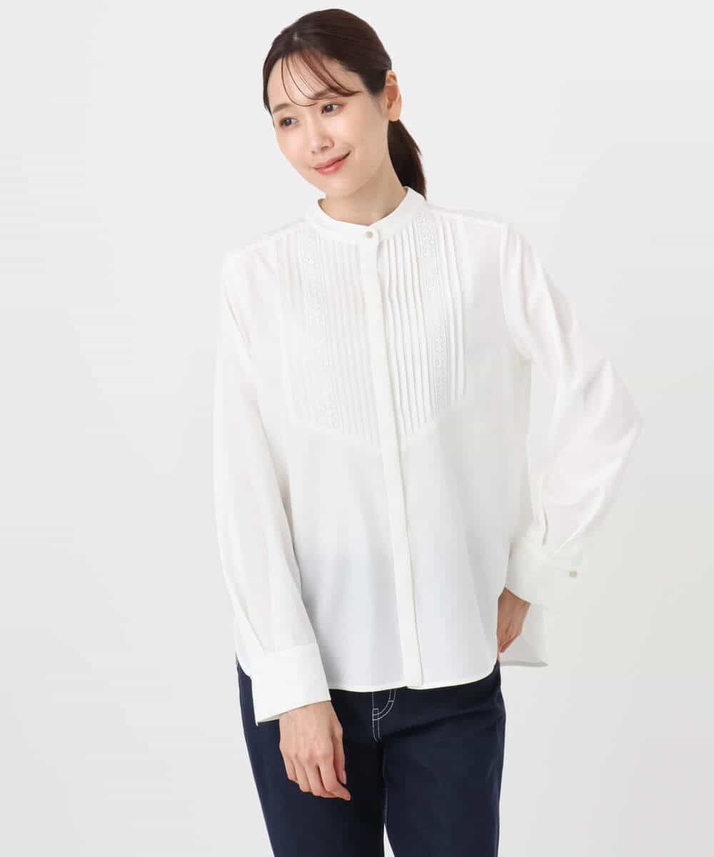 F1BAD40150 MK MICHEL KLEIN(小さいサイズ)(メゾン ドゥ サンク) 【小さいサイズ】フロントピンタックレースブラウス/洗濯機で洗える ライトグレー