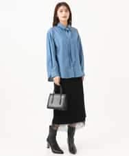 F1BAG56160 MK MICHEL KLEIN(小さいサイズ)(メゾン ドゥ サンク) 【小さいサイズ】[洗える]ボウタイ付きデニムライクシャツブラウス ライトブルー（デニム調）