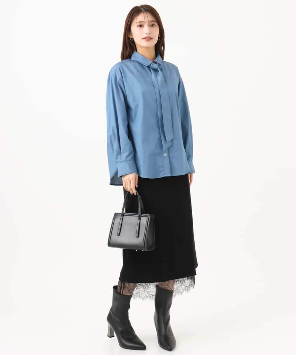 F1BAG56160 MK MICHEL KLEIN(小さいサイズ)(メゾン ドゥ サンク) 【小さいサイズ】[洗える]ボウタイ付きデニムライクシャツブラウス ライトブルー（デニム調）