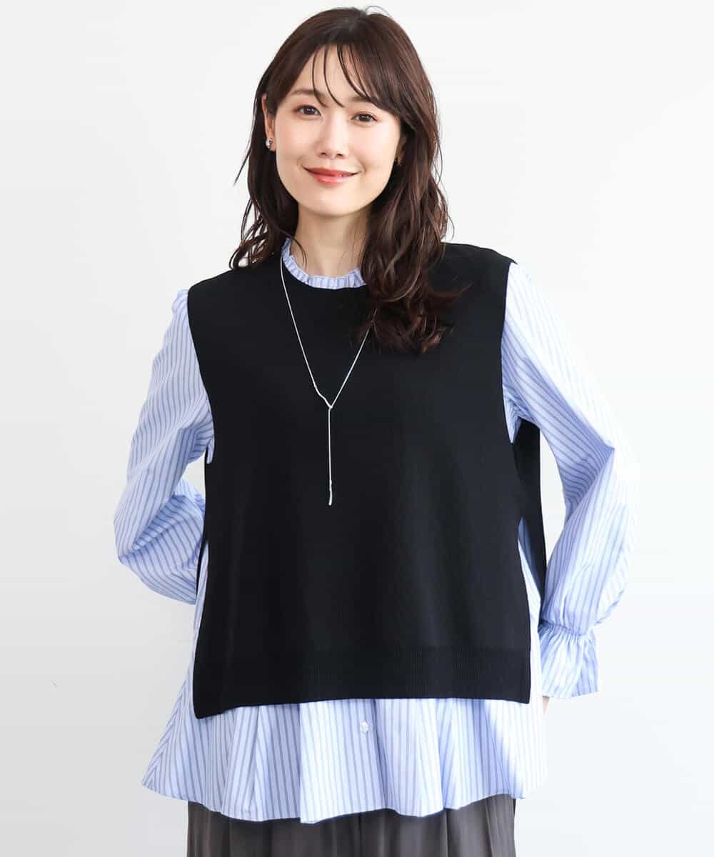 F1BAG58180 MK MICHEL KLEIN(小さいサイズ)(メゾン ドゥ サンク) 【小さいサイズ】[洗える]フリルハイネックブラウス×ニットベスト ツインセット ブラック