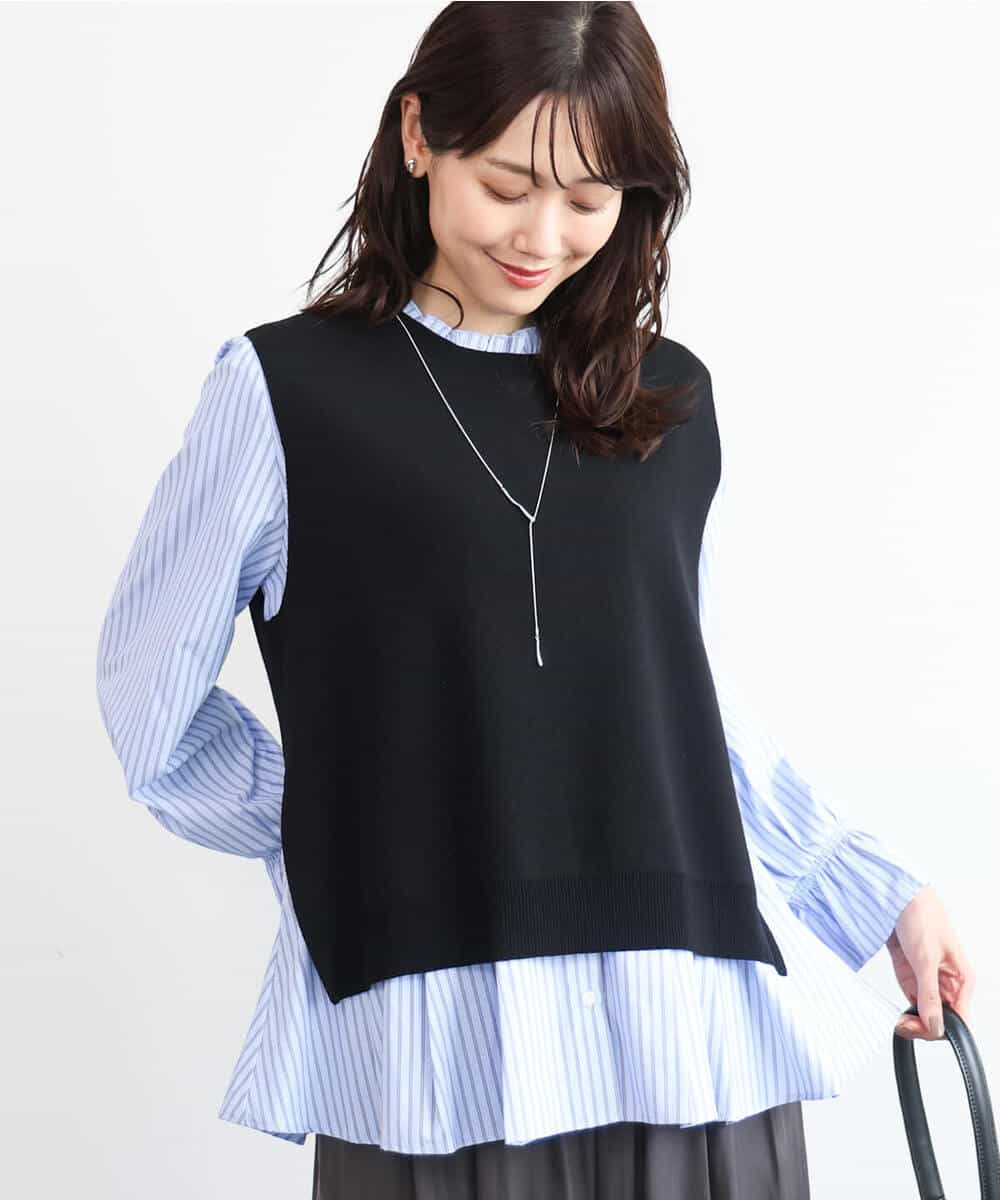 F1BAG58180 MK MICHEL KLEIN(小さいサイズ)(メゾン ドゥ サンク) 【小さいサイズ】[洗える]フリルハイネックブラウス×ニットベスト ツインセット ブラック