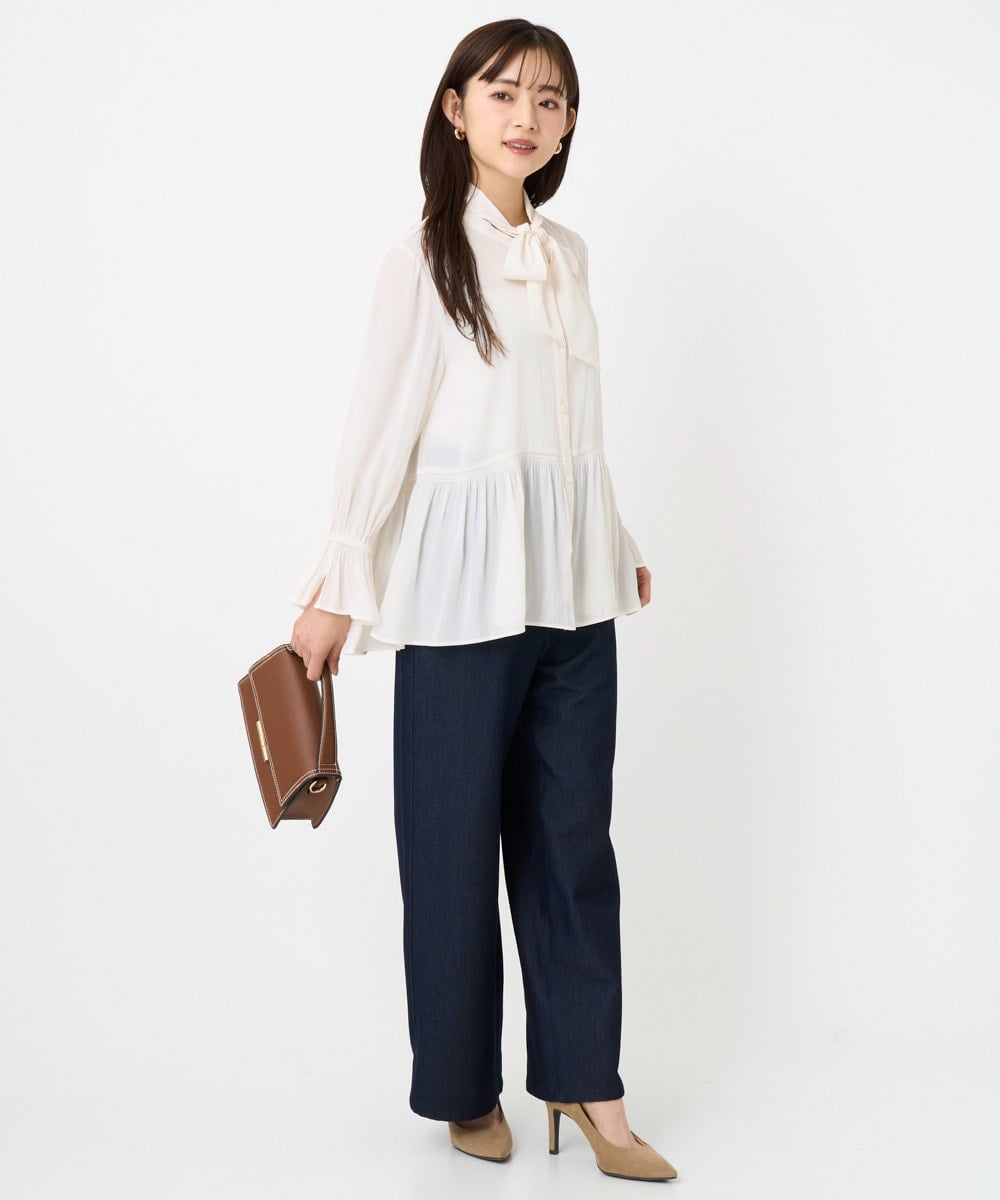 F1BBD57160 MK MICHEL KLEIN(小さいサイズ)(メゾン ドゥ サンク) 【小さいサイズ】パウダーサテン ボウタイブラウス/洗濯機で洗える アイボリー