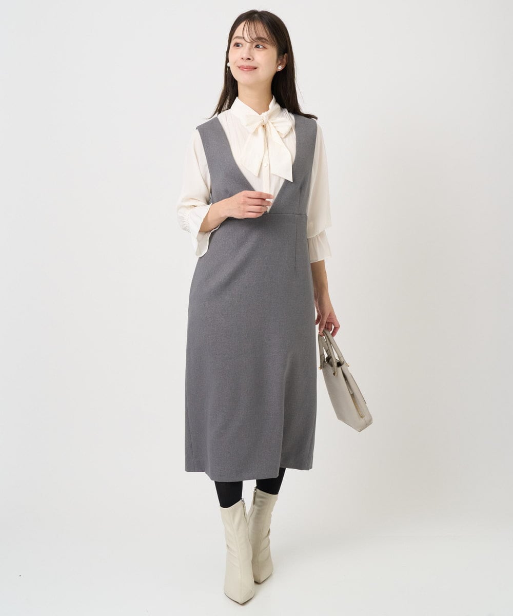 F1BBD57160 MK MICHEL KLEIN(小さいサイズ)(メゾン ドゥ サンク) 【小さいサイズ】パウダーサテン ボウタイブラウス/洗濯機で洗える アイボリー