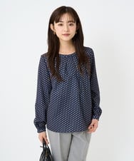 F1BBD58140 MK MICHEL KLEIN(小さいサイズ)(メゾン ドゥ サンク) 【小さいサイズ】ボウタイ風幾何柄ブラウス/洗濯機で洗える ネイビー