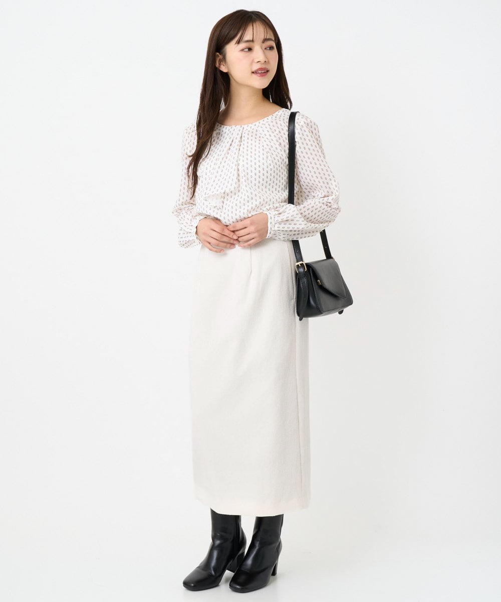 F1BBD58140 MK MICHEL KLEIN(小さいサイズ)(メゾン ドゥ サンク) 【小さいサイズ】ボウタイ風幾何柄ブラウス/洗濯機で洗える アイボリー