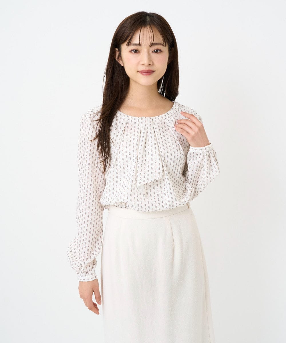 F1BBD58140 MK MICHEL KLEIN(小さいサイズ)(メゾン ドゥ サンク) 【小さいサイズ】ボウタイ風幾何柄ブラウス/洗濯機で洗える アイボリー