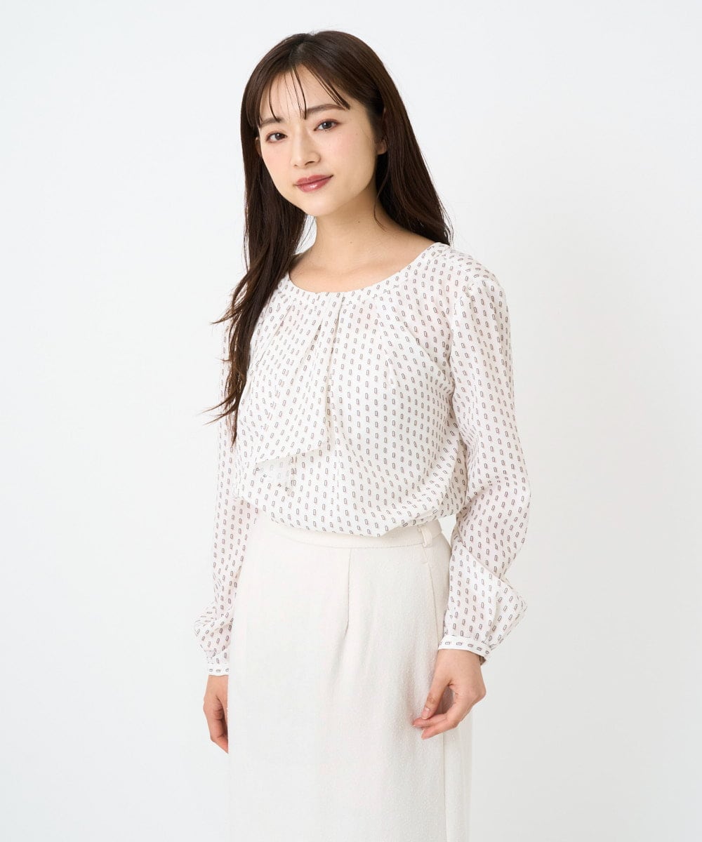 F1BBD58140 MK MICHEL KLEIN(小さいサイズ)(メゾン ドゥ サンク) 【小さいサイズ】ボウタイ風幾何柄ブラウス/洗濯機で洗える アイボリー