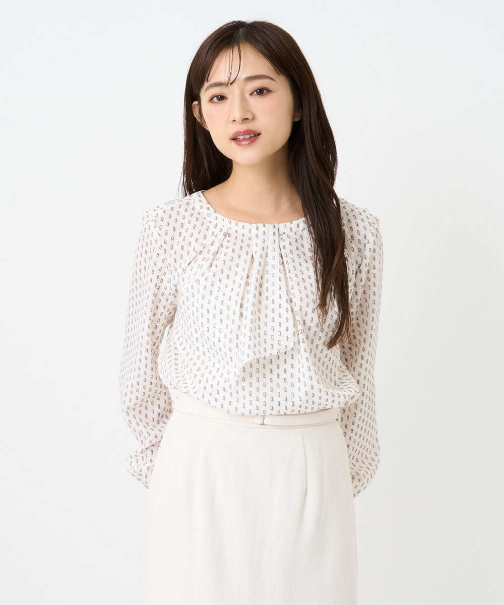 F1BBD58140 MK MICHEL KLEIN(小さいサイズ)(メゾン ドゥ サンク) 【小さいサイズ】ボウタイ風幾何柄ブラウス/洗濯機で洗える アイボリー