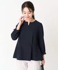 F1BFA10150 MK MICHEL KLEIN(小さいサイズ)(メゾン ドゥ サンク) 【小さいサイズ】パール調デザインブラウス/制菌加工/洗える ネイビー