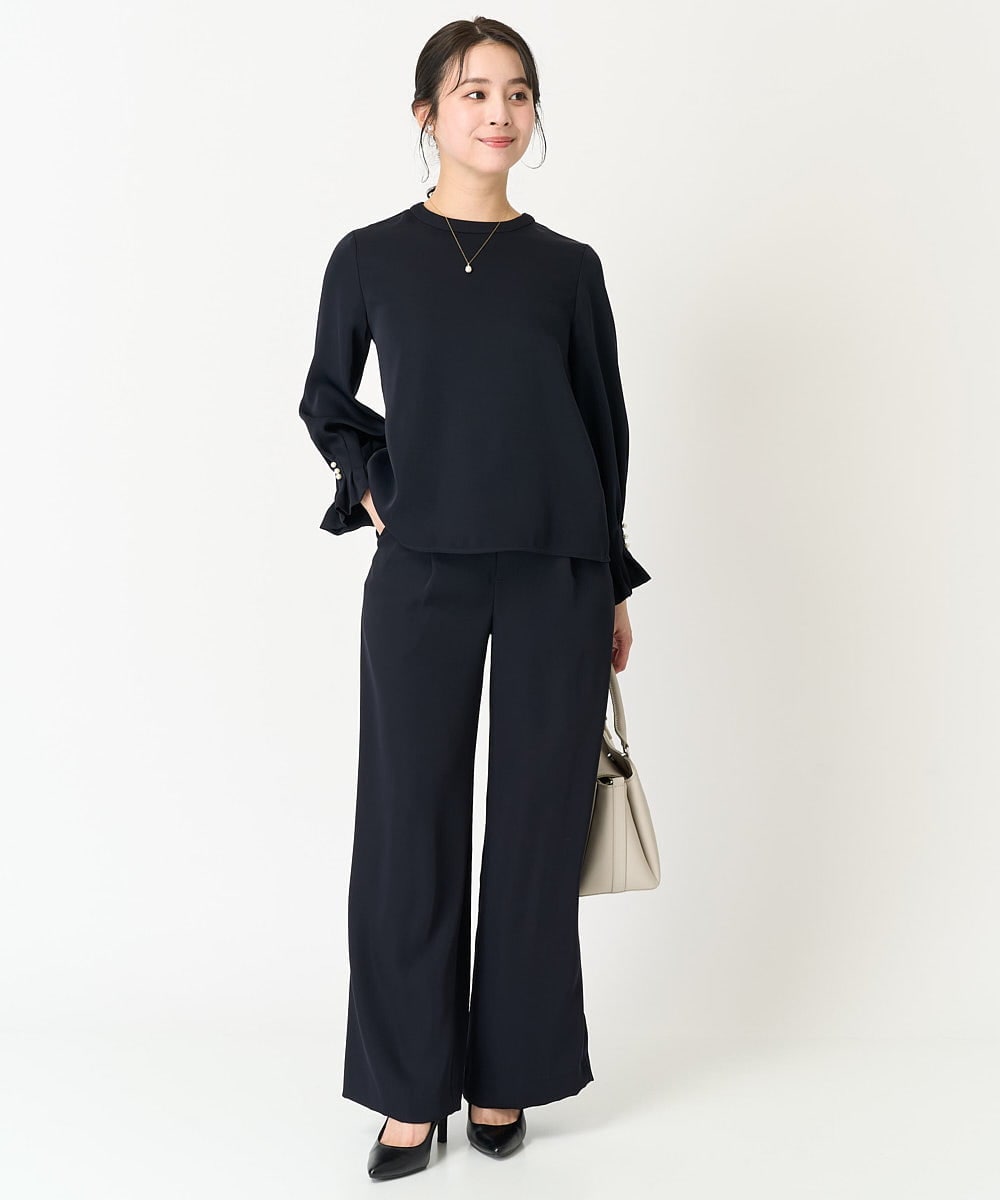F1BFA24130 MK MICHEL KLEIN(小さいサイズ)(メゾン ドゥ サンク) 【小さいサイズ】タックフリルデザインスリーブブラウス/撥水加工/洗える/セットアップ対応 ネイビー