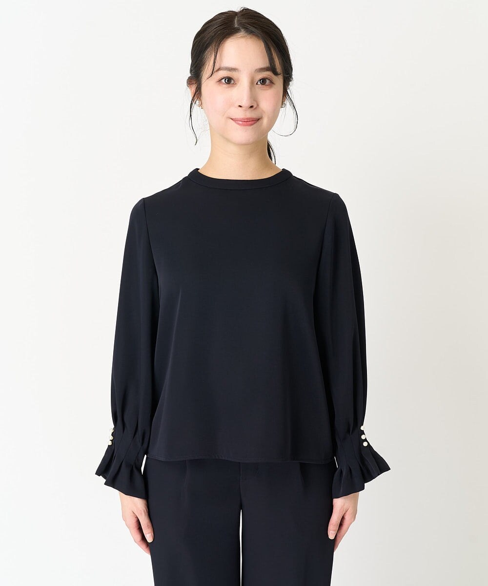 F1BFA24130 MK MICHEL KLEIN(小さいサイズ)(メゾン ドゥ サンク) 【小さいサイズ】タックフリルデザインスリーブブラウス/撥水加工/洗える/セットアップ対応 ネイビー