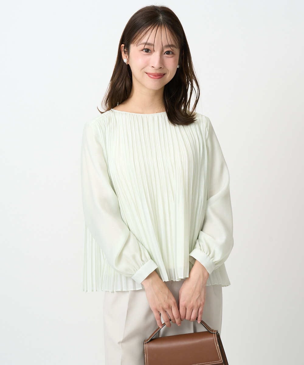 F1BFD12150 MK MICHEL KLEIN(小さいサイズ)(メゾン ドゥ サンク) 【小さいサイズ】プリーツデザインブラウス/洗える ライトグリーン
