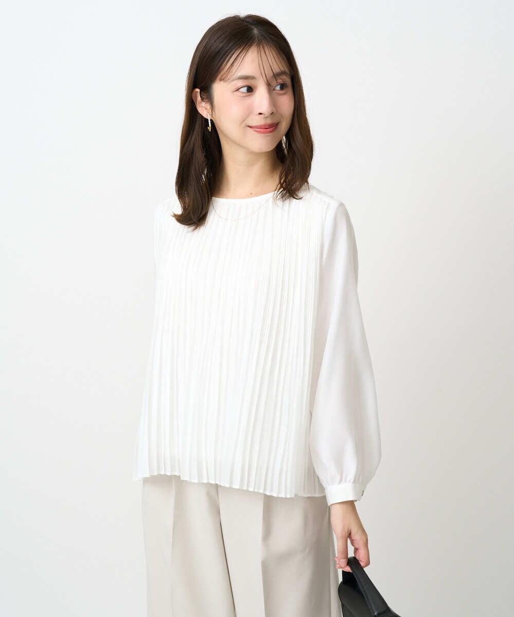 F1BFD12150 MK MICHEL KLEIN(小さいサイズ)(メゾン ドゥ サンク) 【小さいサイズ】プリーツデザインブラウス/洗える ライトグリーン