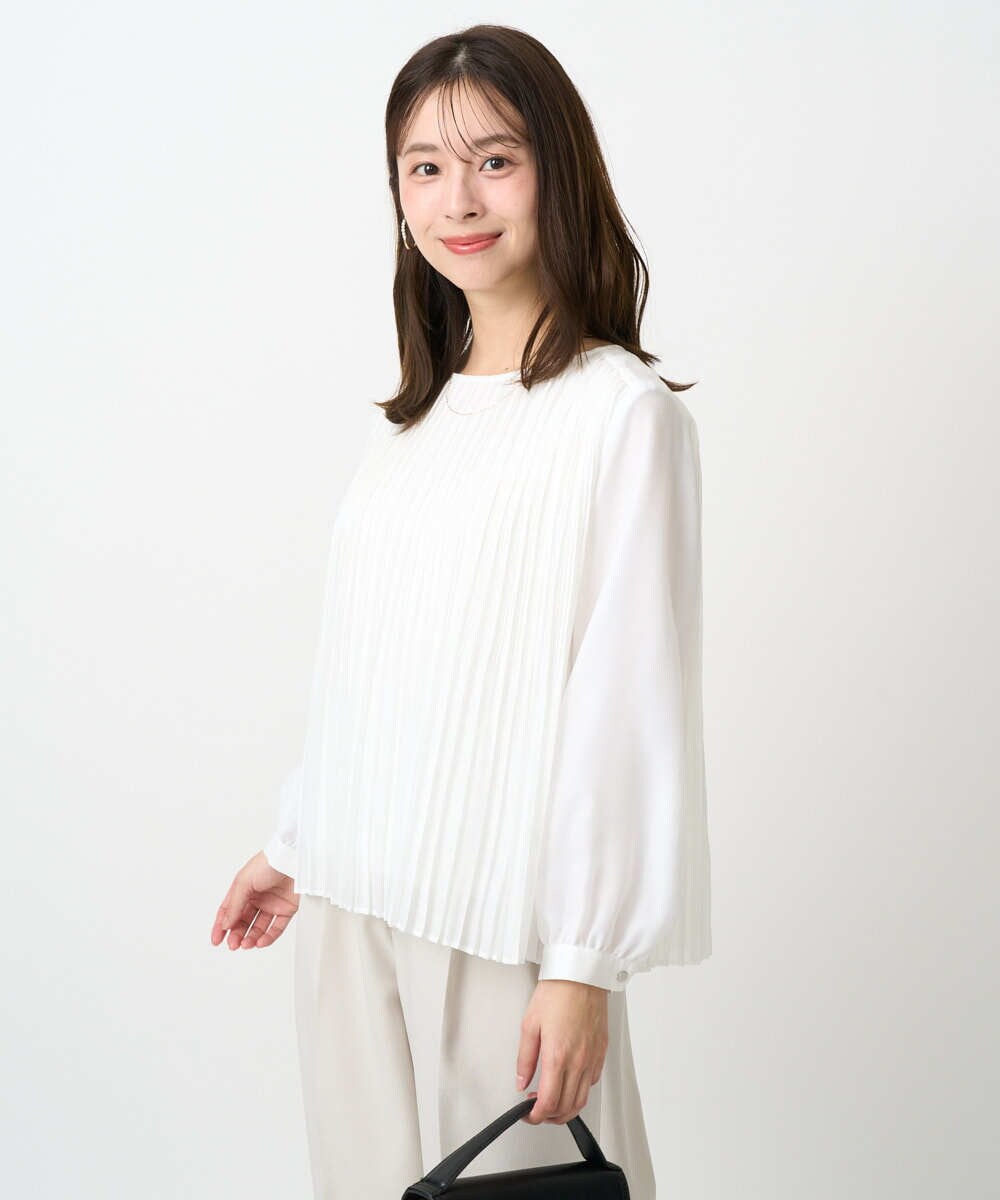 F1BFD12150 MK MICHEL KLEIN(小さいサイズ)(メゾン ドゥ サンク) 【小さいサイズ】プリーツデザインブラウス/洗える ライトグリーン